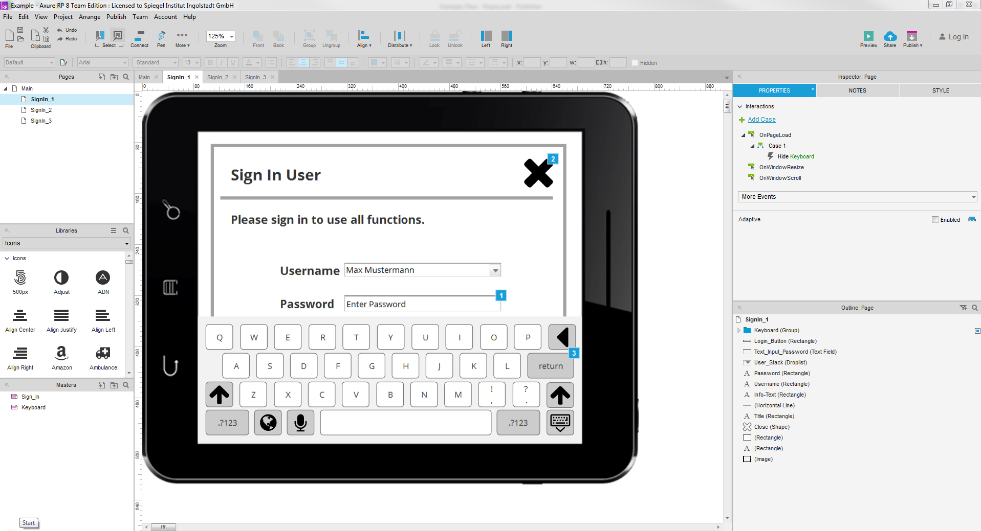 Home and login screen used as click dummy in Axure. Interactive high-fidelity prototype is excellent for presentations.